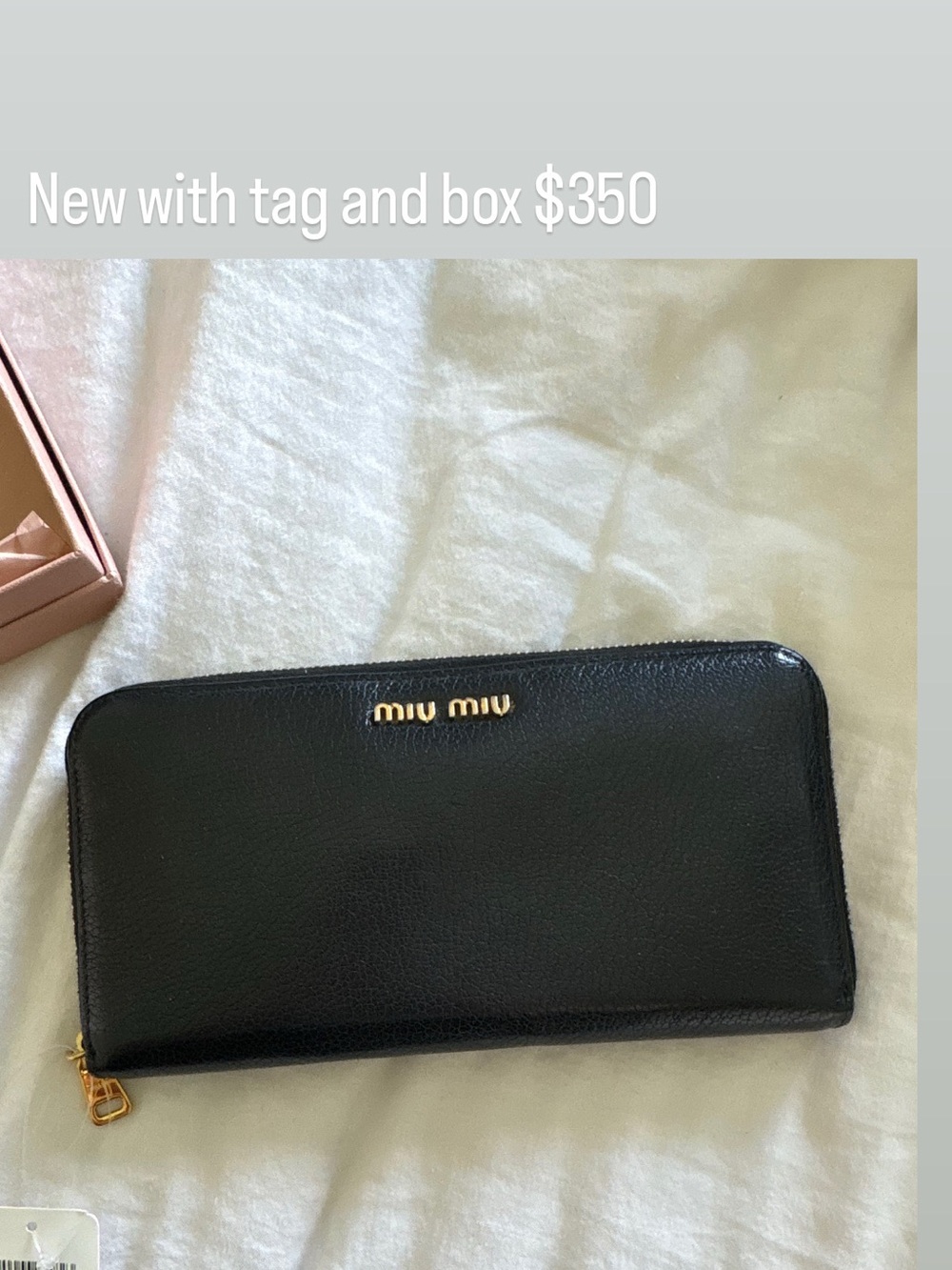 Authentic Miu Miu Black Leather Zip Wallet with Gold Logo